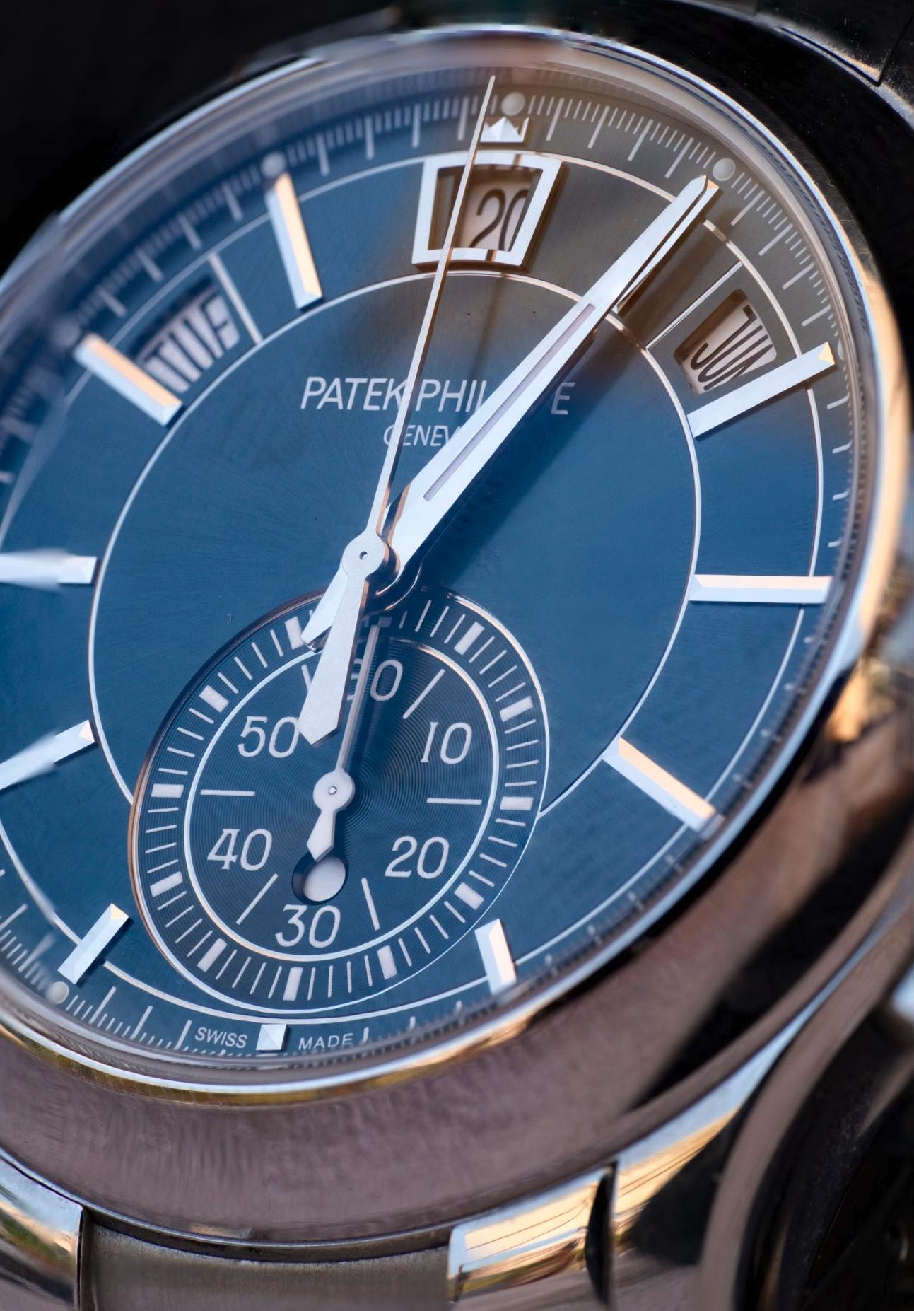 Blue-dial Patek Philippe chronograph, macro detail